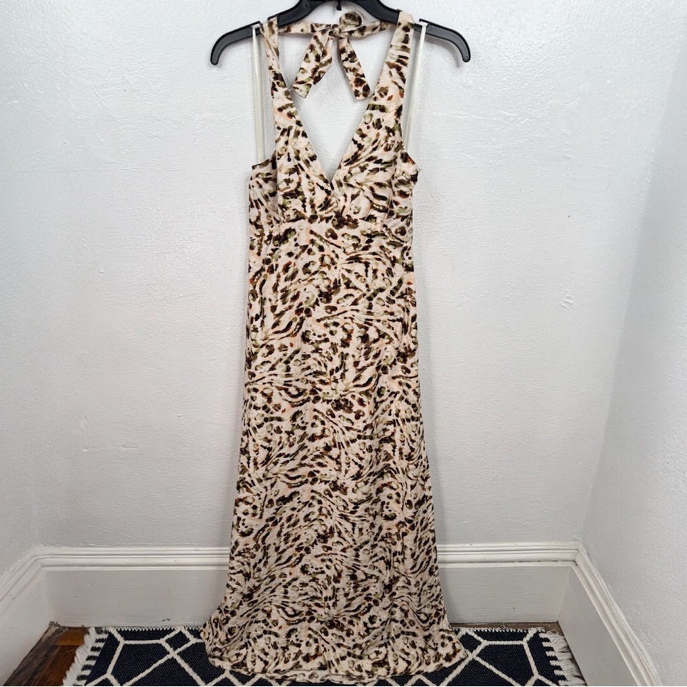 Monteau Maxi Dress Womens Small Beige Leopard Print Halter Tie Back Long